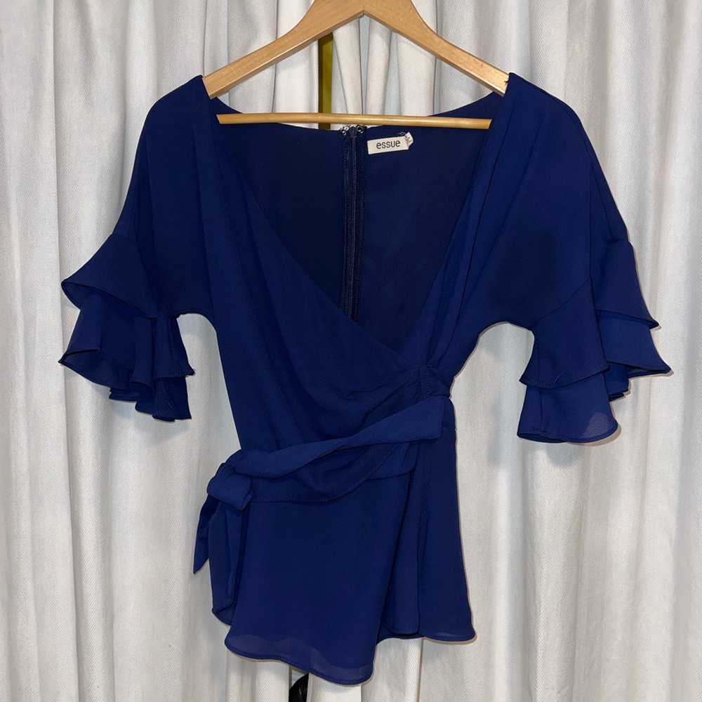 Essue Navy Blue Ruffle Sleeve Tie-Waist Wrap Blouse - Size S